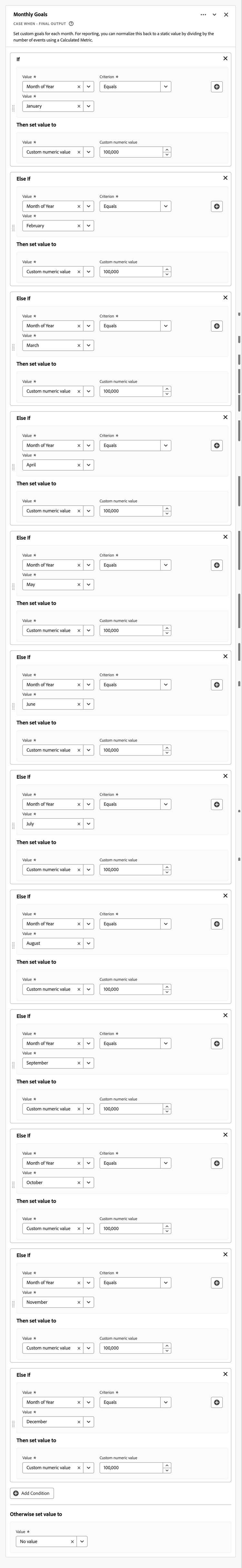 Screenshot of the Monthly Goals rule builder