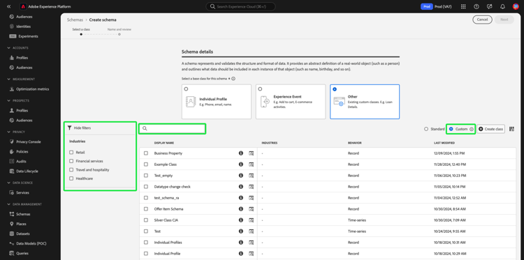 The Create schema workflow with the search bar, Custom, and Industries highlighted.