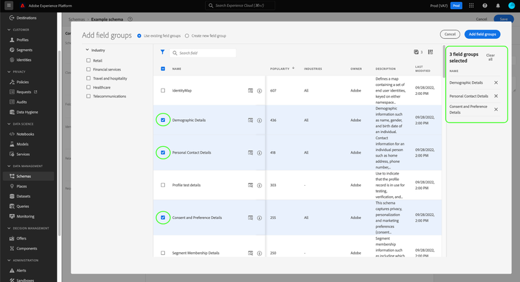The Add field groups dialog with the checkbox selection feature highlighted.